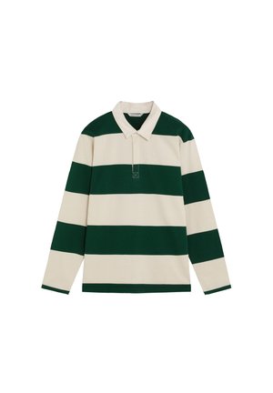 Camisa de rugby de manga larga con amplias franjas horizontales en verde oscuro y blanco, con cuello y una tapeta parcial de botones en la parte delantera.