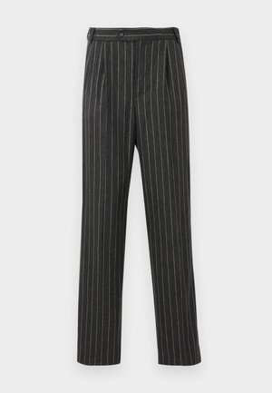 Pantalons rayés gris en tissu tissé. Dotés d'une taille haute, de plis avant et d'une coupe droite. Fermeture à bouton standard.