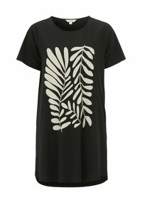 Schwarzes T-Shirt mit kurzen Ärmeln und rundem Ausschnitt. Mit einem großen beigen Blattdruck auf der Vorderseite, glatter Textur und lockerem Schnitt.