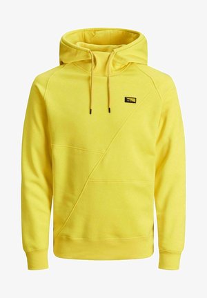 Žlutá mikina s kapucí vyrobená z bavlněné směsi. Má kapuci, stahovací šňůrky, přední klokánkovou kapsu a diagonální švy.