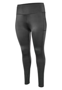 Schwarze High-Waist-Leggings in voller Länge mit Seitentasche, sichtbaren Nähten und glattem, elastischem Stoff.