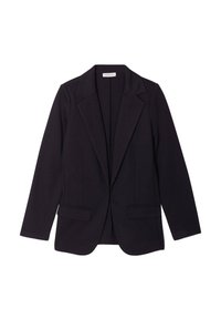 Blazer noir avec un revers structuré, fermeture à un bouton et deux poches avant. Fabriqué en tissu lisse avec une coupe ajustée.