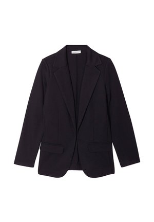Blazer negro con solapa estructurada, cierre de un botón y dos bolsillos frontales. Hecho de una tela suave con un ajuste entallado.