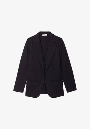Schwarzer Blazer mit strukturiertem Revers, einer einzigen Knopfleiste und zwei vorderen Taschen. Hergestellt aus glattem Stoff mit taillierter Passform.