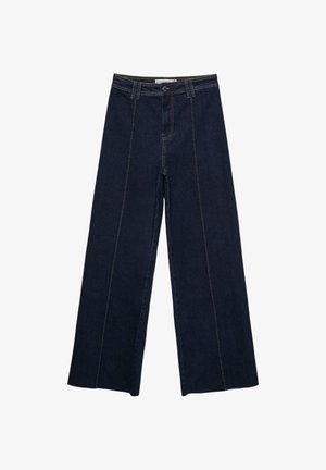 Pantalons en denim sombre à jambe large avec des coutures contrastantes, taille haute et coupe droite. Comprend des poches avant et une fermeture classique à boutons.