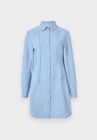 Lichtblauwe blousejurk met kraag, lange mouwen, verticale naden en een licht gebogen zoom. Gemaakt van een zachte, gestructureerde stof.