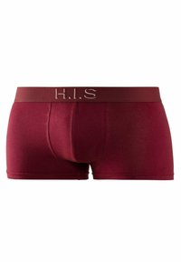 Burgundski bokserice narejene iz gladkega materiala z usklajenim pasom, na katerem je v svetlo sivi barvi vezen napis "H.I.S". Klasična oblika, tesno prileganje.