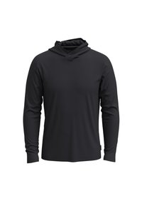 Schwarzer Langarm-Hoodie aus glattem Stoff, mit einem Kragen im Cowl-Design und einer entspannten Passform, ohne Markenlogo oder sichtbare Hardware.