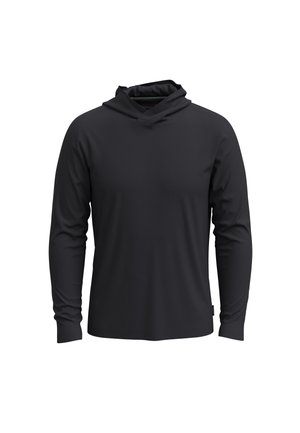 Black long-sleeve hoodie made from smooth fabric, featuring a cowl neck design and a relaxed fit, with no branding or visible hardware.