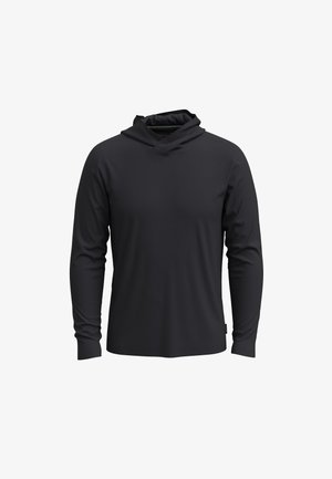 Černá mikina s dlouhým rukávem z hladké látky, s designem s kapucí a volným střihem, bez loga nebo viditelného hardwaru.