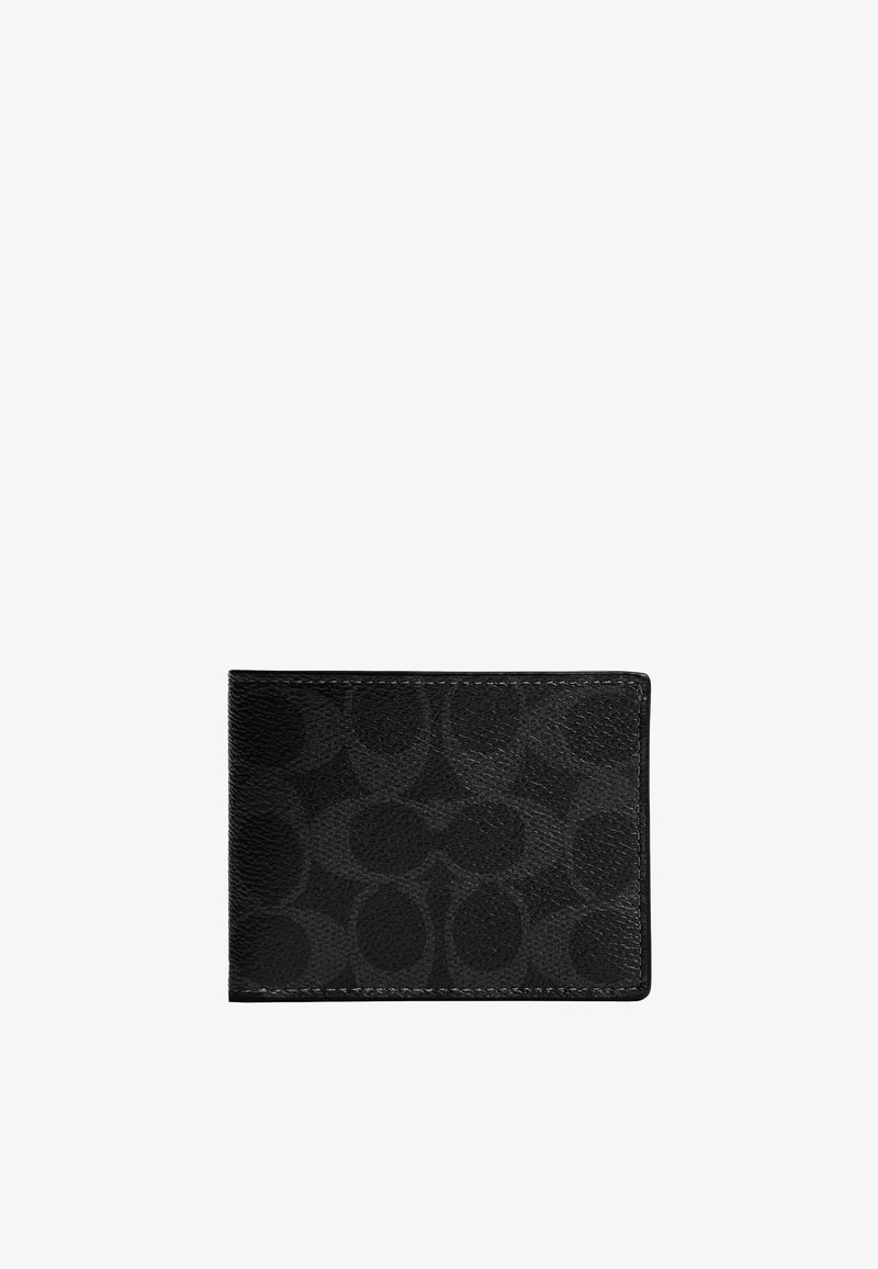 Cartera de cuero negro de doble pliegue con un sutil patrón en relieve de formas ovaladas superpuestas sobre un fondo blanco.