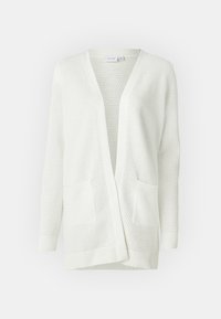 Cardigan blanc en maille avec col en V, ouverture devant, et deux poches avant. Motif texturé avec poignets et ourlet côtelés. Matière douce.