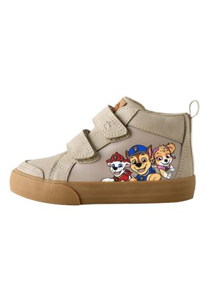 Beige toddler high-top sneaker with two Velcro straps and colorful Paw Patrol characters on the side, featuring rubber sole and pull tab.