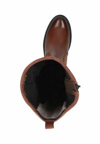 Bottine en cuir marron avec une finition lisse et brillante ; col doux en feutre et fermeture éclair sur le côté. Intérieur doublé d'un tissu doux.