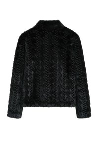 Veste en fausse fourrure noire avec un motif texturé tressé vertical, manches longues et col montant, vue de l'arrière sur un fond blanc.