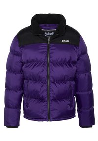 Lilla pufferjakke med sort krave, lynlåslukning og to sidelommer. Quiltet tekstur giver isolering og varme.