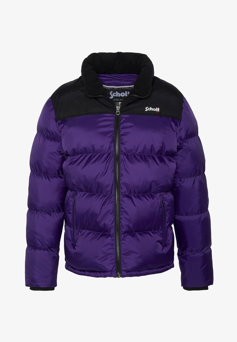 Lilla pufferjakke med sort krave, lynlåslukning og to sidelommer. Quiltet tekstur giver isolering og varme.