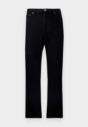 Crne traperice s ravnim krojem, dizajnom s pet džepova i metalnim detaljima sprijeda. Tekstura tkanine s glatkom finišom.