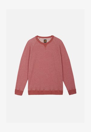 Sudadera de manga larga con cuello redondo en rojo apagado con puños, bajo y escote acanalados, y un pequeño detalle triangular debajo del cuello.