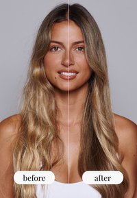 Lang, golvend, blond haar aan de linkerkant gelabeld als "voor"; glad, steil, glanzend haar aan de rechterkant gelabeld als "na"; neutrale achtergrond.
