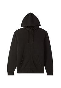 Felpa nera con zip, dotata di cappuccio con cordino, due tasche frontali e una texture morbida. Design semplice senza motivi o accenti visibili.