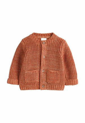 Knitted cardigan in rust color with a round neckline, featuring button closures, two front pockets, and ribbed cuffs and hem.