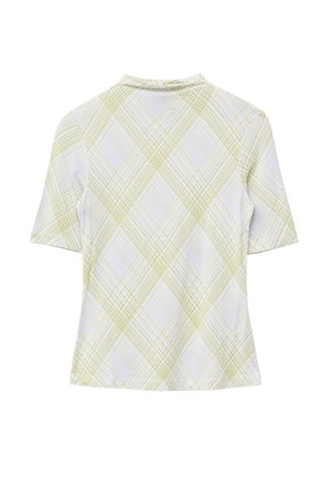 Weißes Kurzarmoberteil mit hohem Kragen und durchgehendem Muster aus sich kreuzenden diagonalen Linien in Hellgrün.