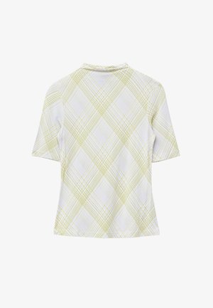 Weißes Kurzarmoberteil mit hohem Kragen und durchgehendem Muster aus sich kreuzenden diagonalen Linien in Hellgrün.