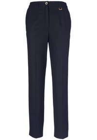 Marineblauwe op maat gemaakte broeken in een gladde stof met een rechte snit, voorzien van een sluiting met een voorknoop en subtiele gouden hardware accenten.