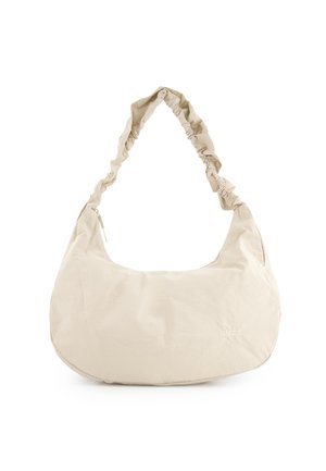 Beige håndtaske i halvmåneform med rynket rem og lynlåslukning, lavet af blødt stof, med en lille "Venezia"-logo.