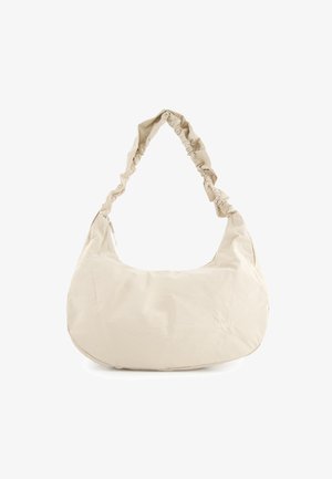 Beige, halbmondförmige Handtasche mit gerafftem Träger und Reißverschluss, aus weichem Stoff, mit kleinem "Venezia"-Logo.