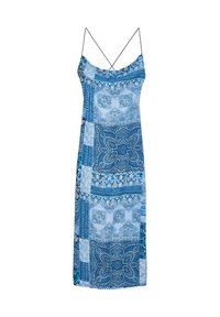 Robe à motifs bleus avec des bretelles spaghetti, présentant diverses nuances de bleu et des motifs paisley complexes. Tissu léger, forme fluide.