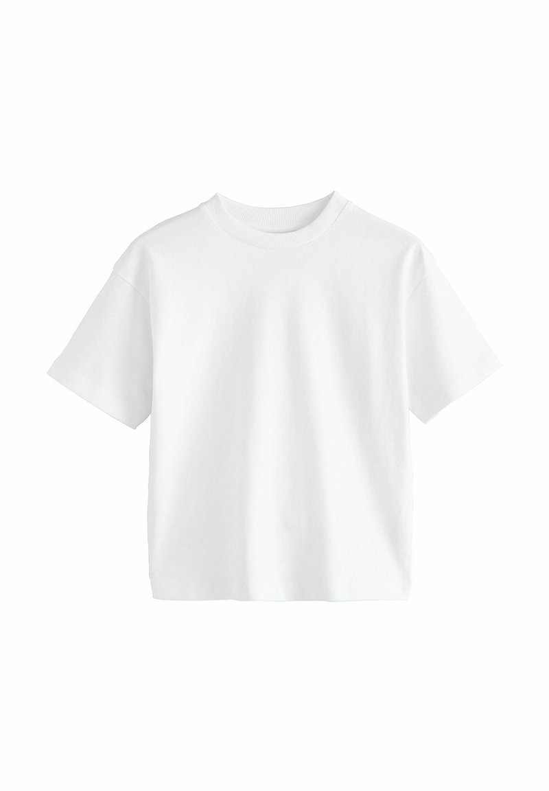 Hvid kortærmet T-shirt lavet af bomuld. Har en rund halsudskæring og en afslappet pasform med ensartet tekstur, uden mønstre eller detaljer.