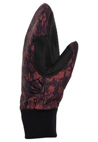 Rukavice červené a černé s vzorem, s texturovanou černou dlaní, elastickým manžetem a logem na zadní straně.