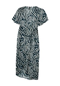 Garšīgs, apvalka stila kleita tumši zaļā krāsā ar baltu abstraktu zebru rakstu. Iezīmes īsas piedurknes un saitēm jostas vietā. Viegls audums.