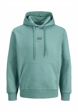 Világoszöld kapucnis pulóver elülső zsebbel, bordázott mandzsettákkal és szegéllyel. Kis logó címke található a mellrészen. Puha, texturált anyagból készült.