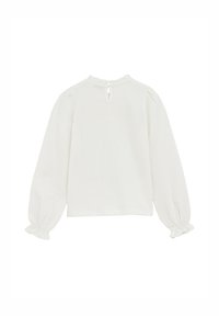 Blusa bianca a maniche lunghe, con texture, colletto con volant, maniche arricciate e chiusura a occhiello sul retro. Design semplice ed elegante.