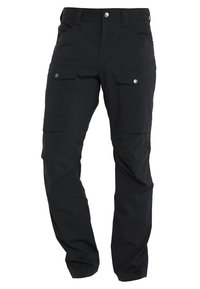 Pantalons cargo noirs en tissu durable, dotés de plusieurs poches, de boutons-pression en argent et d'une silhouette ample et fonctionnelle.