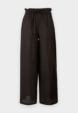 Pantaloni negri cu picior larg și talie tip paperbag, cu șnur ajustabil, din material ușor.