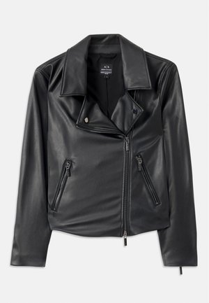 Black faux leather motorcycle jacket with wide lapels, asymmetrical front zipper, and two zippered pockets. Smooth texture, fitted shape.