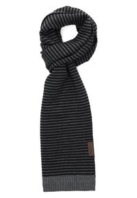 Czarny i szary szalik w paski wykonany z miękkiego materiału. Posiada prążkowaną fakturę i brązową metkę z logo na dole. Długi i uniwersalny fason.