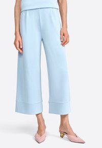 Ljusblå vida byxor med en slät yta, med en vikning i nederkant. Kombinationen med rosa mule-skor med en dekorativ guldfärgad klack.