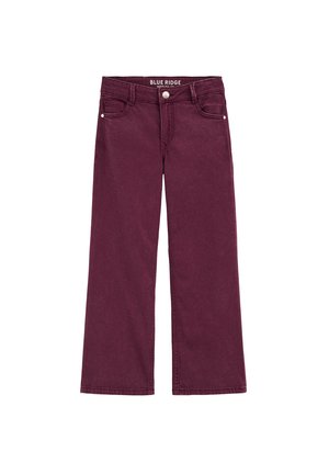 Pantalons en denim de couleur prune à taille haute et jambes larges, avec poches avant, passants de ceinture et fermeture à bouton, posés à plat sur fond blanc.