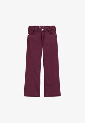 Široke hlače iz žameta vijolične barve z visokim pasom, z dvema sprednjima žepoma, zankami za pas in gumbom za zapiranje, ležijo ravno na beli podlagi.