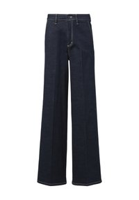 Wijde donkerblauwe denim jeans met een hoge taille, voorzien van voorzakken en contrasterende gele stiksels. Eenvoudig ontwerp, stevig materiaal.