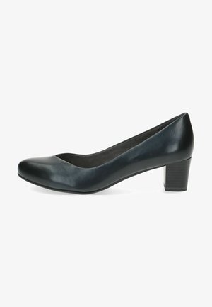 Black leather pump with a rounded toe, low block heel, and smooth texture. The design is sleek with minimal detailing and a classic silhouette.