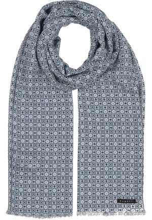 Light blue scarf with repeating geometric pattern in navy and white, fringed edges, and a small rectangular black label reading "bugatti".