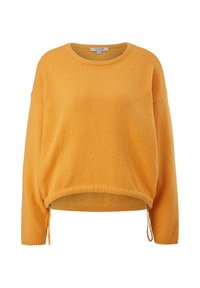 Pull jaune surdimensionné en tissu doux, avec un col rond, des manches longues et des cordons de serrage ajustables sur les côtés à l'ourlet.