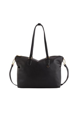 Bolso tote de cuero negro con un acabado texturizado, asas dobles, una correa de hombro removible y herrajes en tono dorado. Cierre de cremallera en la parte superior.