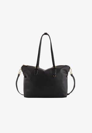 Bolso tote de cuero negro con un acabado texturizado, asas dobles, una correa de hombro removible y herrajes en tono dorado. Cierre de cremallera en la parte superior.